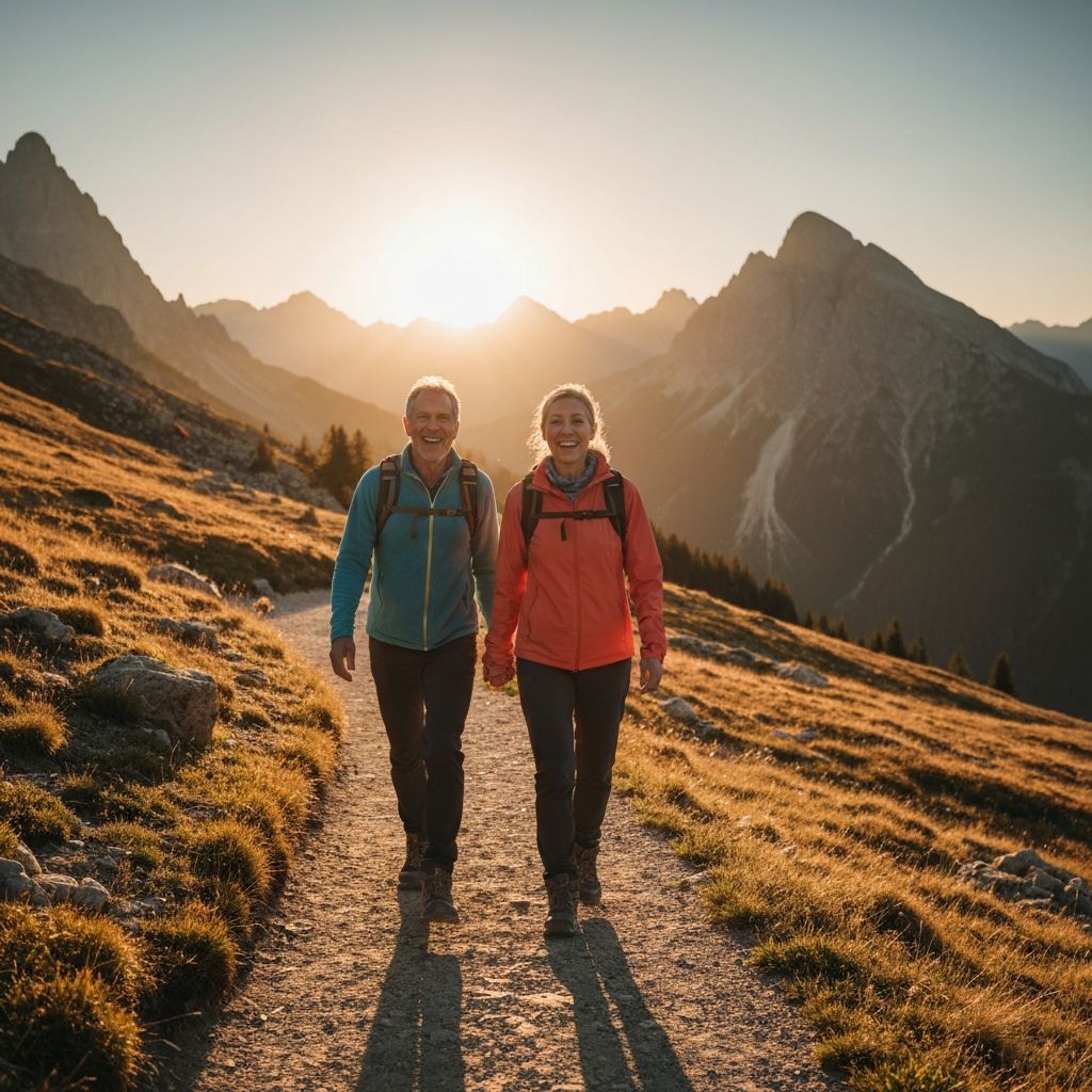Мъж и жена в средна възраст, хайкинг в планините при изгрев, активни и пълни с енергия