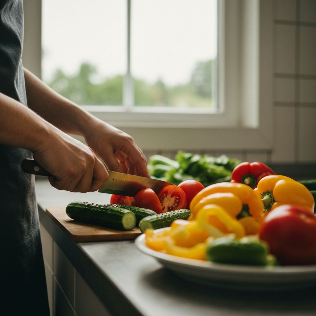Ръце, приготвящи пресни зеленчуци в светла кухня — символ на здравословното хранене